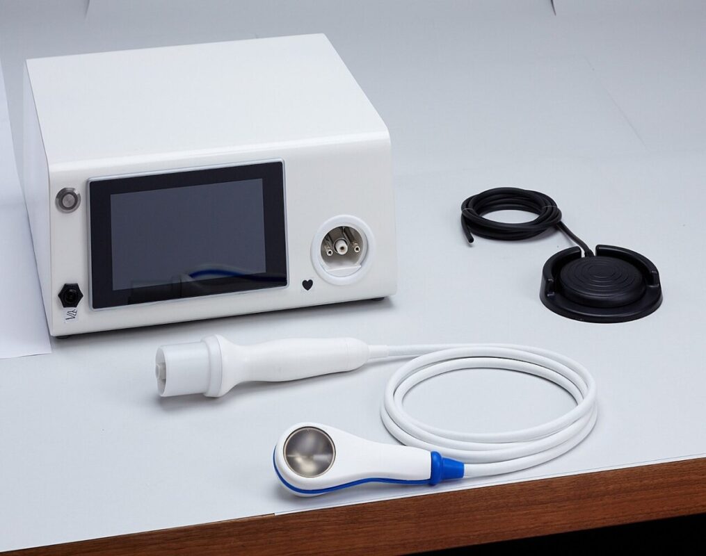 Handheld shockwave therapy applicator used to send acoustic pulses into sore tissue